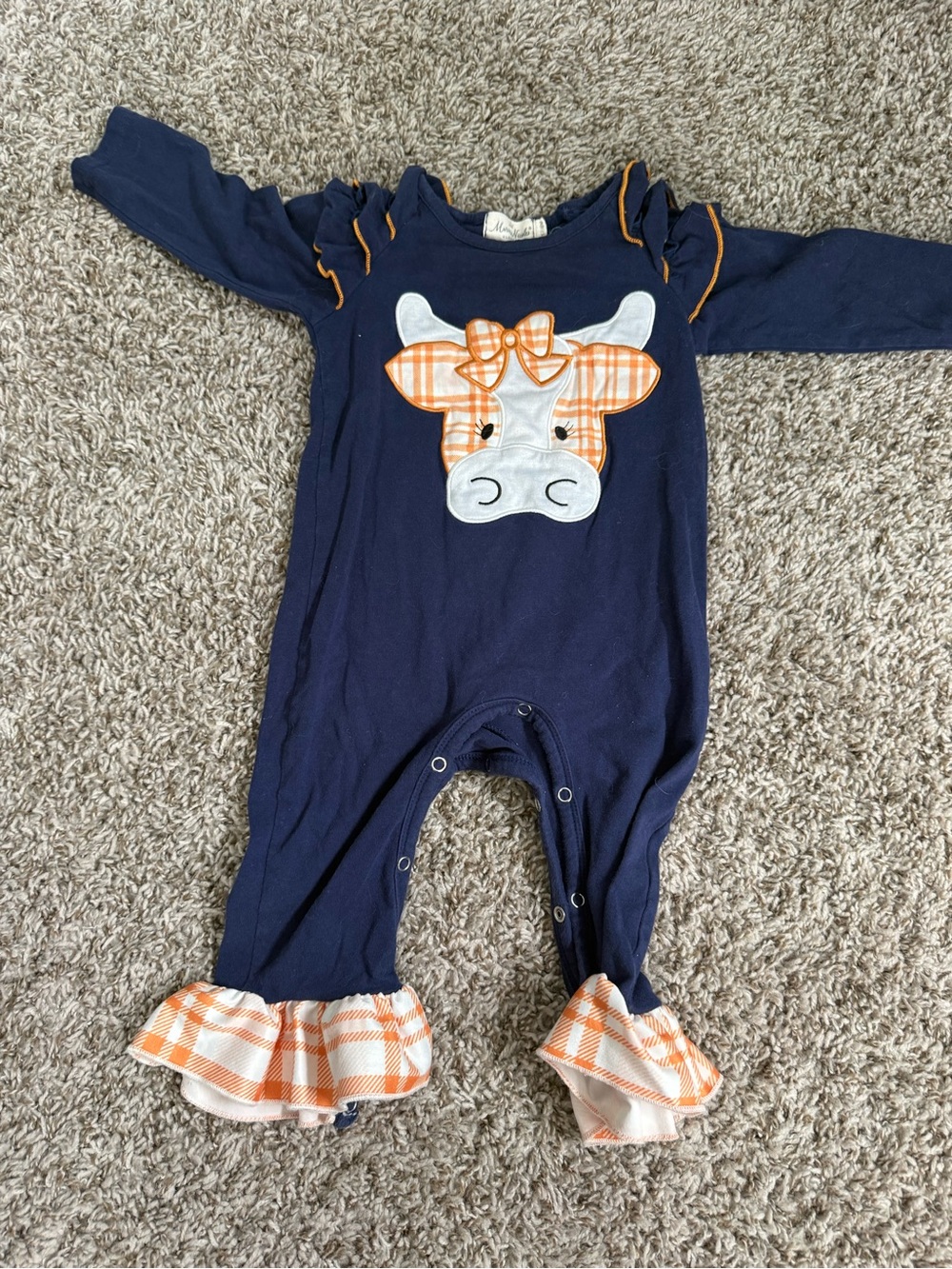 Marie Nicole Navy One-Piece with Orange Plaid Cow Applique